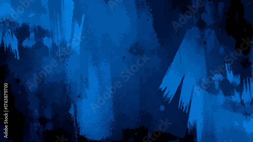 Abstract background featuring deep blue and bright cyan paint textures. Rough brush strokes, splatters, and smudges grunge-like atmosphere with dark navy to electric blue.