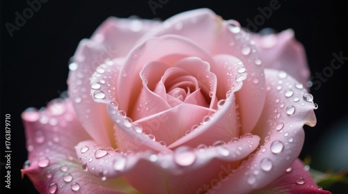  a pink rose with water droplets glistening on its petals, set against a dark background