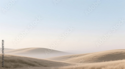 Fototapeta Naklejka Na Ścianę i Meble -   a desert landscape with sand dunes in the foreground and a blue sky in the background The sand is a golden hue, and the sky is a deep, clear blue The hills in the