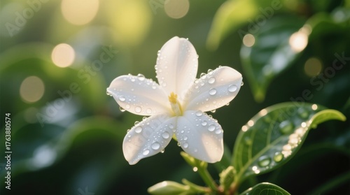 a white flower with water droplets on it, surrounded by lush green leaves in the background