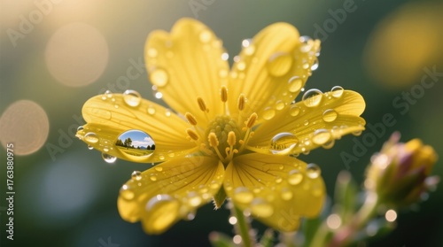  a yellow flower with water droplets glistening on its petals, surrounded by lush green leaves and stems The background is slightly blurred, giving the flower a sen
