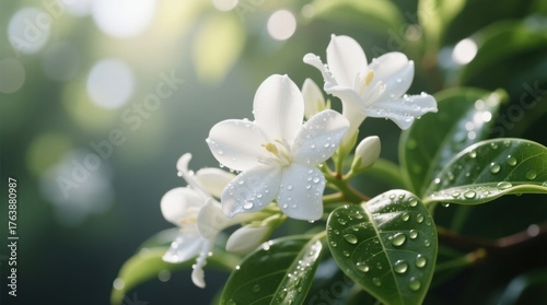  a white jasmine flower with water droplets on it, surrounded by lush green leaves The background is slightly blurred, giving the flower a soft and dreamy look