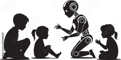 Black silhouette of a robot interacting with three children in a flat design style kids interaction