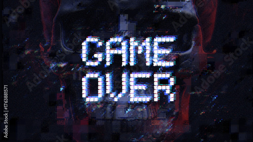 Game over message and human skull on backdrop