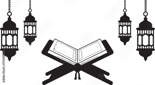 Black silhouette of an open book on a stand with hanging ornate lanterns islam quran
