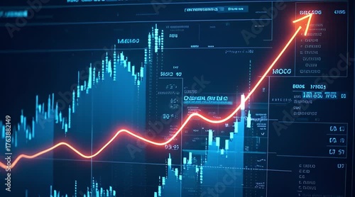 Digital financial display showing a glowing upward trending graph symbolizing market growth investment success profit and stock exchange analysis.