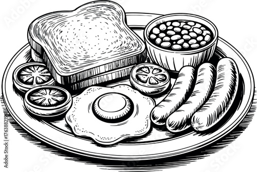 A hearty plate of traditional English breakfast is displayed, featuring sausages, a fried egg, baked beans, grilled tomatoes, and toast. 