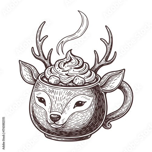 deer-shaped mug with hot chocolate and whipped cream, vintage cozy winter sketch