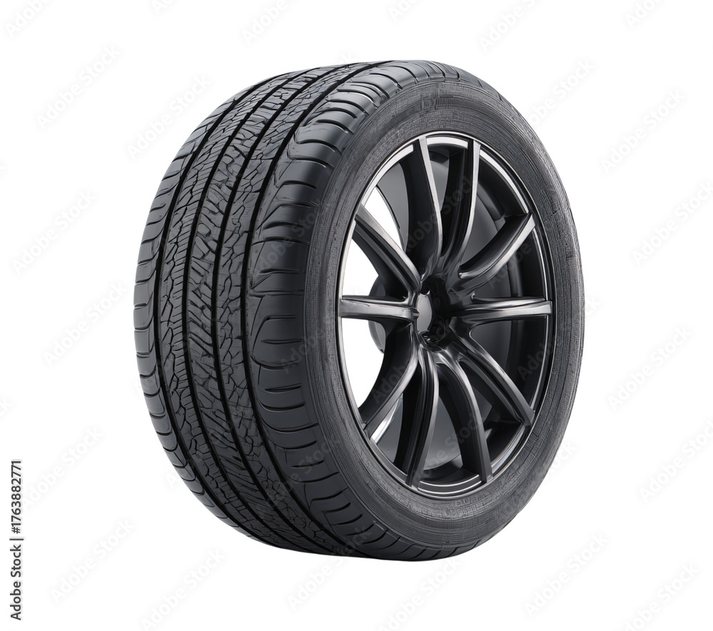 Fototapeta premium Car Tire with Black Alloy Wheel isolated on a transparent background 1