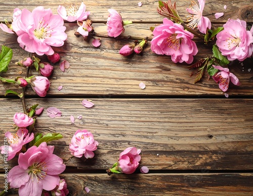 Pink blossoms of a flowering tree scattered on a rustic, weathered wooden surface, creating a delicate springtime scene