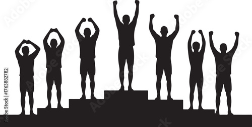 Black silhouettes of seven athletes celebrating victory on a tiered podium celebration