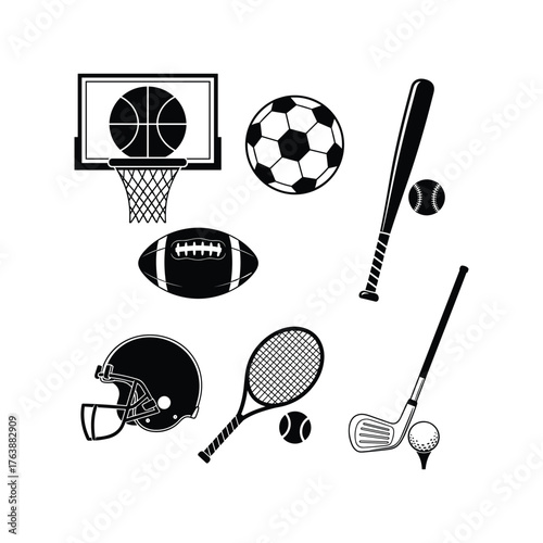 Dynamic sports silhouette collection basketball football soccer tennis baseball golf equipment action