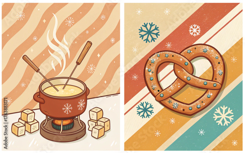 Set of two retro illustrations,Festive fondue pot and pretzel for Christmas and New Year celebrations, perfect for food blogs and holiday graphics
