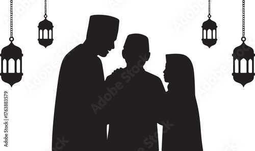Silhouette of a Muslim family with traditional lanterns woman