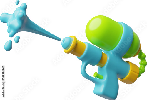 Water gun with refill water reservoir splashes 3D cartoon plastic style vector, colorful kids game spraying weapon toy