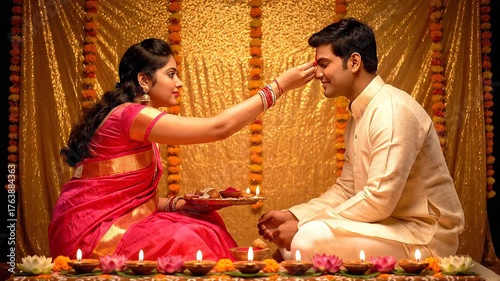 Sacred Bhai Dooj Scene Sister Performing Ritual Prayer in Front of Brother Surrounded by Bright Diyas Lotus Flowers Golden Cloth Backdrop Capturing Spiritual Light and Sibling Bond in Vibrant Colors