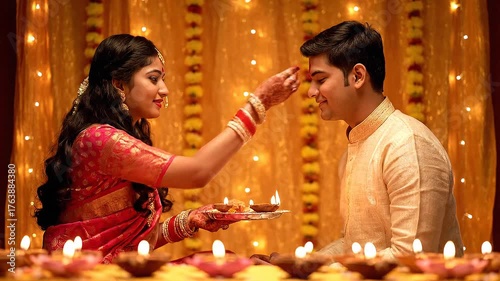 Sacred Bhai Dooj Scene Sister Performing Ritual Prayer in Front of Brother Surrounded by Bright Diyas Lotus Flowers Golden Cloth Backdrop Capturing Spiritual Light and Sibling Bond in Vibrant Colors