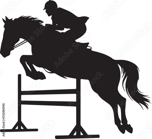 Black silhouette of a horse and rider jumping over a hurdle equestrian