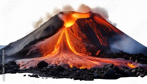 volcanic activity that features lava flows effusive eruption isolated on white or white background cutout