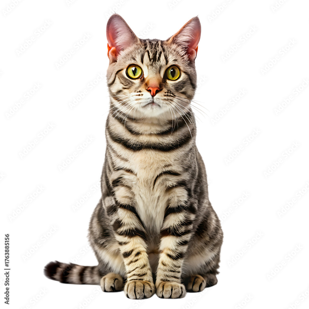 Fototapeta premium American Shorthair Cat, Sitting, cutout, PNG isolated on transparent background