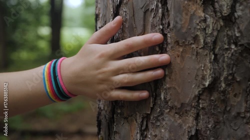 Female Hand Touching and Stroking Bark of Pine Tree in Forest. Hand Touching Old Majestic Oak Tree. Harmony Calm Relaxation. Save Earth Green Planet. Woman Hand Touching Tree Bark Feeling Texture Wood