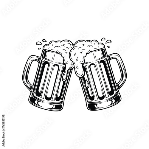 Two frothy beer mugs clinking together in a celebratory toast with splashes of liquid in a vintage sketch style