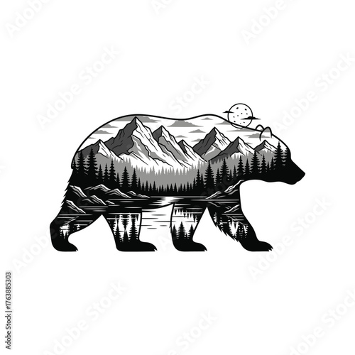Majestic bear silhouette filled with a detailed mountain landscape forest and lake scene under moon