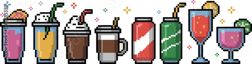 A vibrant collection of pixel art beverages is displayed, featuring various cups, cans, and glasses filled with colorful drinks. 