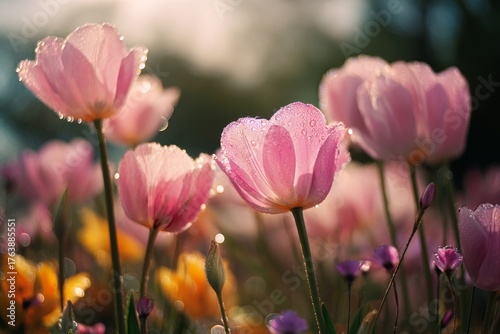 Colorful Tulips in Bloom With Morning Dew Glistening Under Soft Sunlight