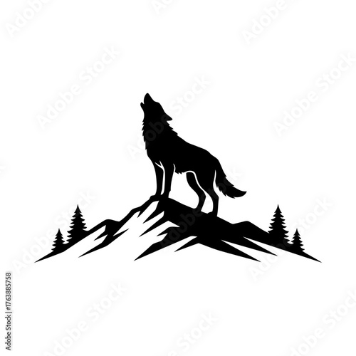 Vector art of silhouette of a wolf howling on top of a mountain