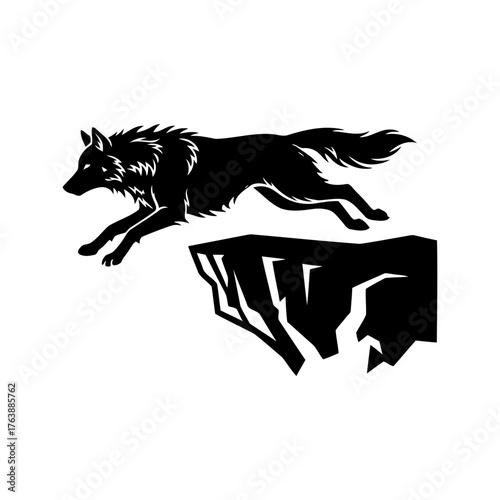 Vector art of silhouette of a wolf jumping off a cliff