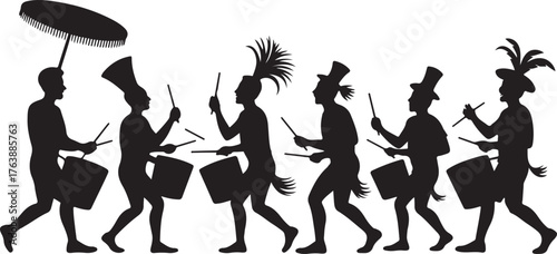 Black silhouette of a marching band with drums and feathered headdresses parade drummers