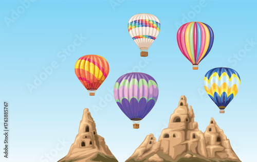 Cappadocia Inspired Hot Air Balloons Vector Illustration: Whimsical Sky with Colorful Balloons Over Unique Rock Formations, Perfect for Travel and Adventure Themes. Serene Landscape Design