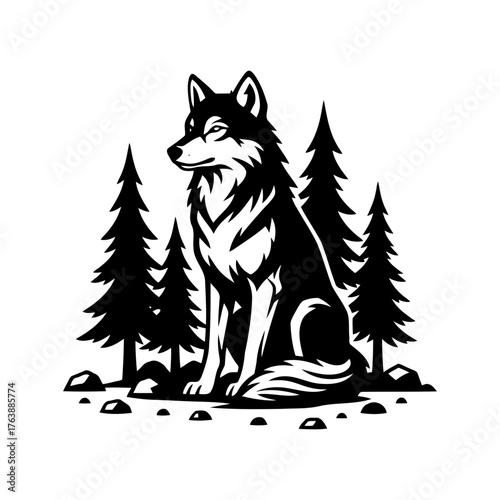 Vector art of majestic wolf sitting in a forest with pine trees