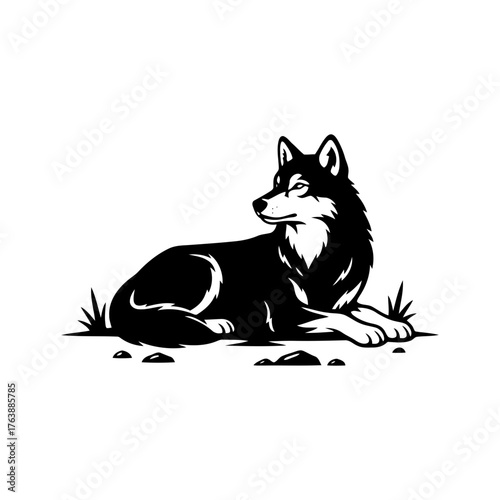 Vector art of monochrome wolf lying down vector illustration