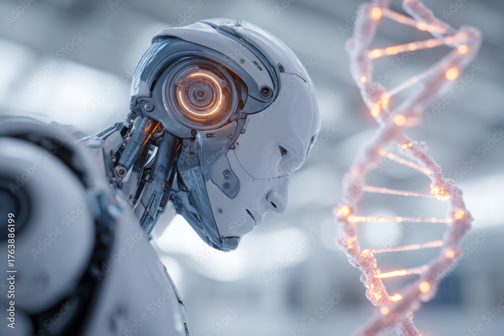 Fototapeta premium Futuristic humanoid robot examining glowing DNA strand with double helix. Concept of artificial intelligence, biotechnology and genetic engineering