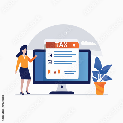 Tax filing process with woman and computer screen illustration.