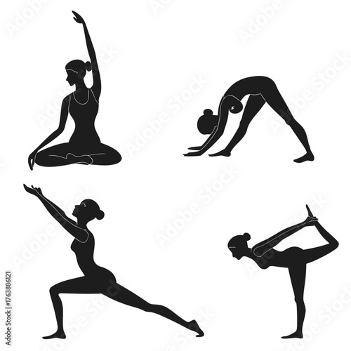 Vector art of silhouettes of women practicing yoga poses, wellness concept