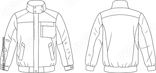 Bomber jacket technical sketch, front and back view, fashion flat drawing, vector garment design template, apparel construction illustration, clothing specification