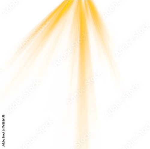 Orange yellow light flare and sun rays effect isolated on transparent background – glowing energy beam overlay