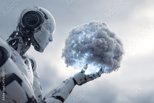 Futuristic humanoid robot touching digital cloud. Cloud computing and data storage concept