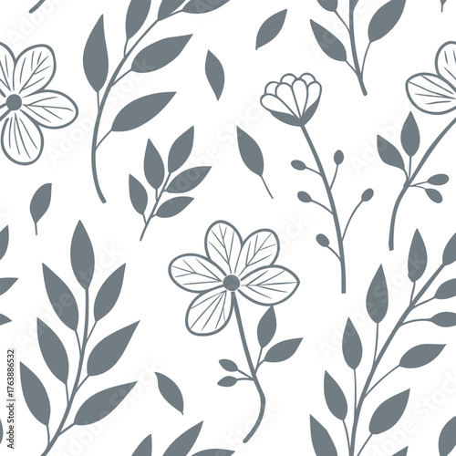 Seamless floral pattern with simple blossoms and leaves on a white background. Elegant botanical wallpaper for fabric, wrapping paper, and home  Modern nature design for textile prints.