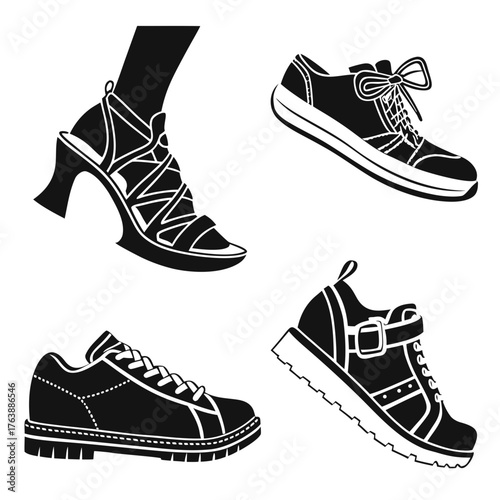 Vector art of silhouette of various shoe styles including sandal, sneaker, and boot