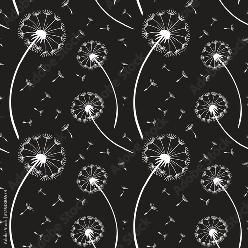 Elegant dandelion seamless pattern with blowing seeds on a dark background. Floral repeating wallpaper for fabric, textiles Modern botanical nature design.