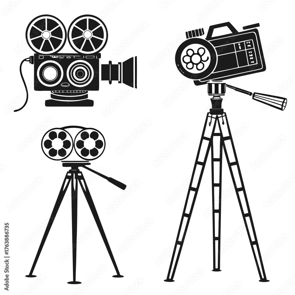 Obraz premium Vector art of set of retro movie cameras on tripods, vintage cinema equipment