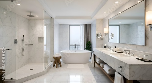 A centered luxury hotel bathroom layout with marble tiles and freestanding bathtub