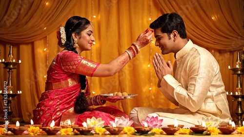 Sacred Bhai Dooj Scene Sister Performing Ritual Prayer in Front of Brother Surrounded by Bright Diyas Lotus Flowers Golden Cloth Backdrop Capturing Spiritual Light and Sibling Bond in Vibrant Colors