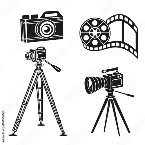 Vector art of set of movie cameras and film, vintage cinema equipment