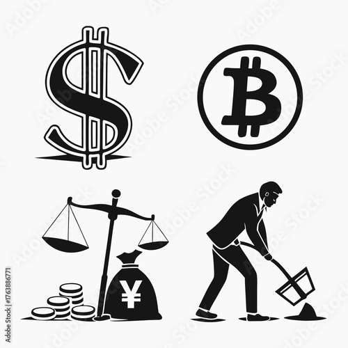 Vector art of dollar and bitcoin symbol, with scales and a miner
