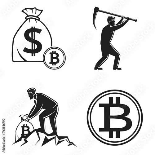 Vector art of bitcoin mining concept, with bag and a miner